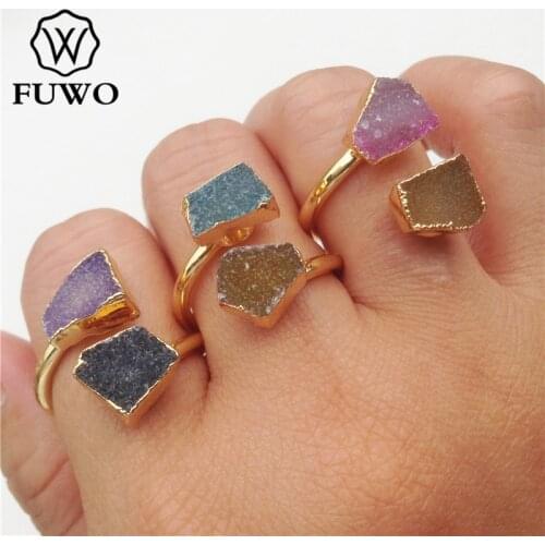FUWO Irregular Double Stone Druzy Rings With 24K Gold Filled Minimalist design Raw Druzy Rings For Women Adjustable Size RG016
