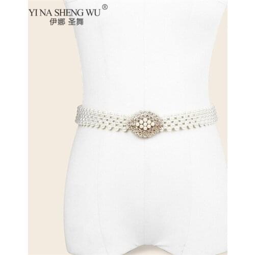 Women Belt Faux Pearl Beads Rhinestone Belly Dance Party Dress Waistband Bead Wedding Waist Chain Sash Simple Wild Waist Seal