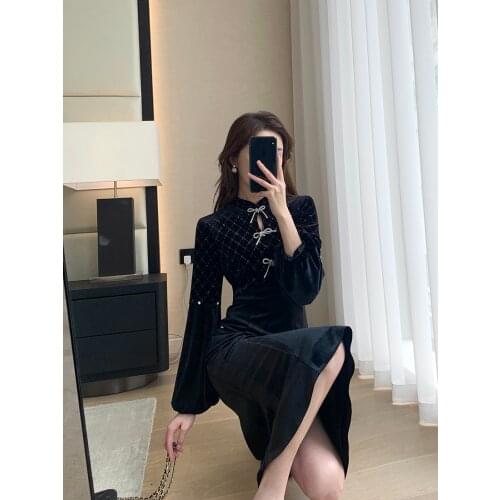 Black French Style Vintage Velvet Dress Womens Autumn Tight Waist Slimming Lantern Sleeves Design Dress long sleeve dress