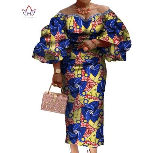 Bazin Riche African Ruffles Sleeve Dresses for Women Dashiki Print Off Shoulder Dresses Vestidos Women African Clothing WY7829