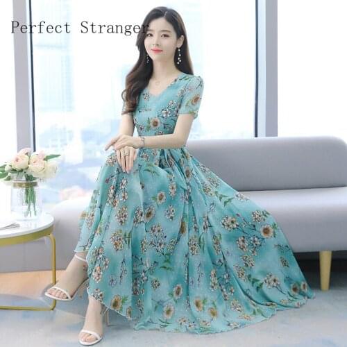 2021Summer New Arrival Hot Sale V Collar Flower Printed Collect Waist Short Sleeve Women Long Chiffon Dress Plus Size M-4XL