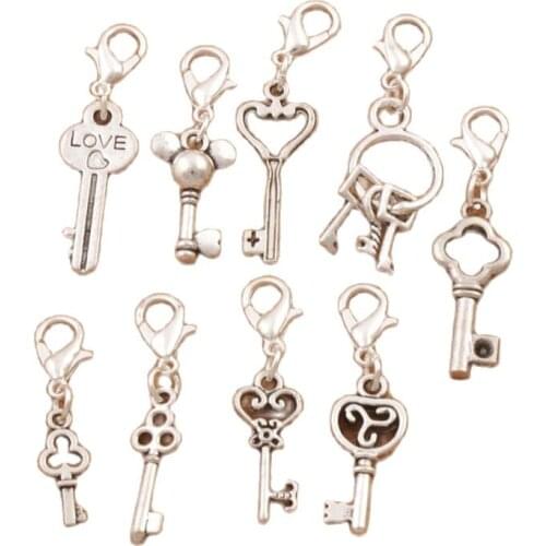 27Pcs Lovely Heart Key Floating Lobster Clasps Charm Beads Zinc Alloy for Glass Living Memory Locket CM51 LZsilver