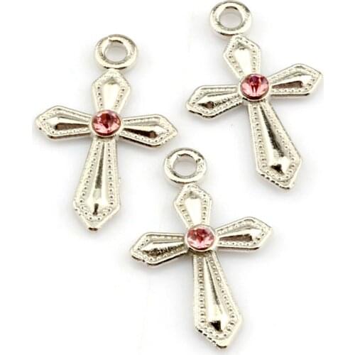 50 pcs Pink Rhinestone Sword Shaped Cross Charm Pendant 12x19mm A999