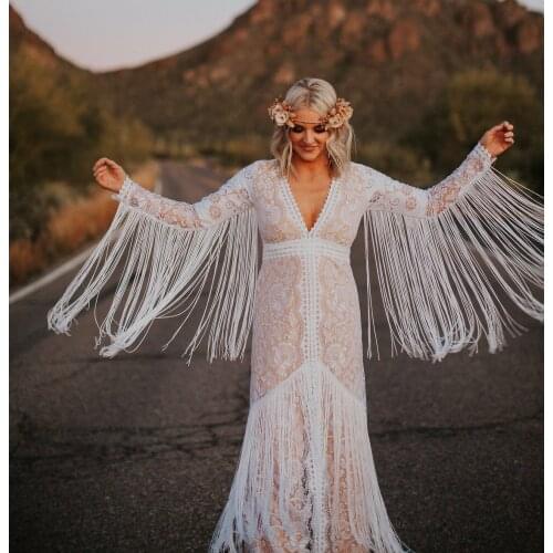 Bohemian Tassel Mermaid Wedding Dresses Bridal Gowns V Neck Lace Appliqued Long Sleeve robes de mariée