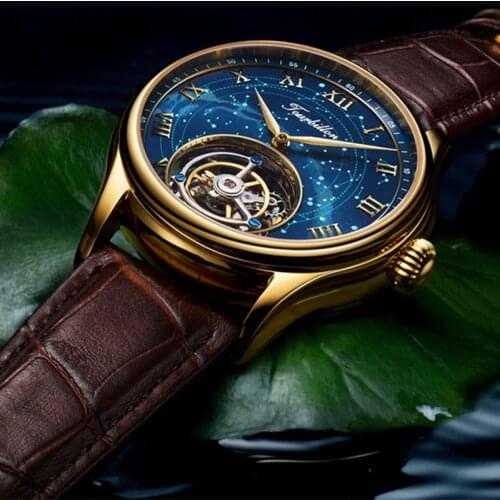 Luxury Real Tourbillon Movement Skeleton Watch For Men Hand Wind Mechanical Sapphire Fashion Mens Watches Waterproof Wooden Box