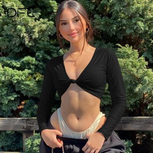 DFLlifes Sexy Women T-shirt V-Neck Exposed Navel Top Female womens Shirt 2020 Autumn New Club Wear Long Sleeve Short Tee