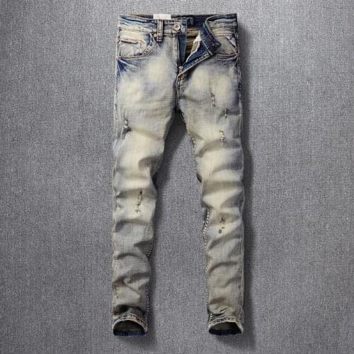 Italian Style Fashion Men Jeans Distressed Wash Elastic Slim Fit Ripped Jeans Men Retro Yellow Blue Vintage Designer Denim Pants