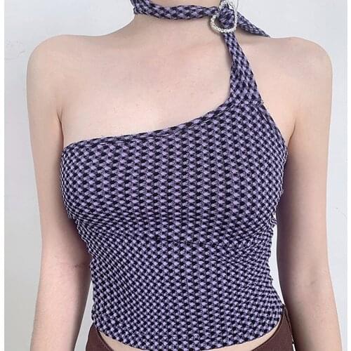 E-girl Female Halter Crop Top Summer Purple Plaid Sleeveles Backless Tube Top Women Harajuku Streetwear