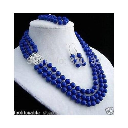 Hot sell new - Beautiful New 3row blue Lapis Gem beads necklace earring bracelet AAA Hook -hot (A0425)