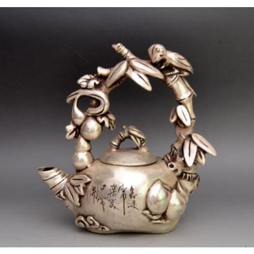 Exquisite Collectible Tibet Silver Carved Bird On Grape Tree TeaPot Statues RT