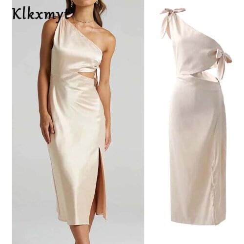 Klkxmyt Za Summer Dress Women 2021 Satin Breast wrap Midi Dresses Woman Casual Show Waist Sexy Female Party Dress Vestido