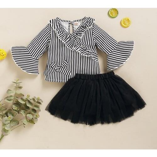 1-4Yrs Girls Two-Piece Cute Clothes 2020 Autumn Striped Flared Sleeve Blouse Mesh Skirt Two-Piece Fashion Lovely Girl Skirt Suit