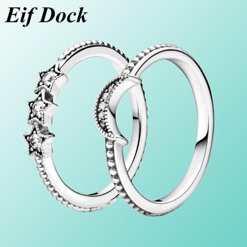 Eif Dock Fashion Silver Color Sparklin Moon Star Finger Ring With CZ Zircon Band Jewelry For Women Engagement Memorial Gifts