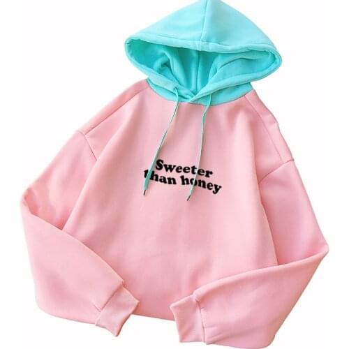 Autumn Winter Korean Ulzzang Hoodies Sweatshirt Women Casual Harajuku Letter Sweeter Than Honey Patchwork Fleece Kawaii Pullover