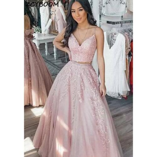 Spaghetti Straps Prom Dresses 2021 Formal Party Night Vestidos De Gala Pink Lace Appliques Two Pieces Graduation Evening Gowns