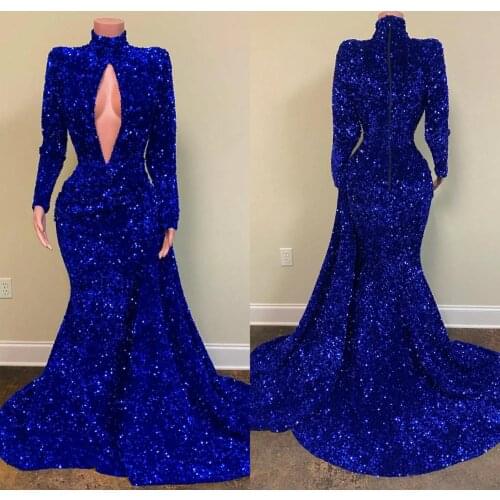 Sequined Royal Blue Evening Dresses High Collar Bling Bling Long Sleeve Mermaid Prom Gowns Celebrity Pageant Gowns Party Dress