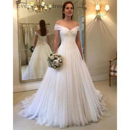 Simple Boho Wedding Dresses 2020 Off Shoulder Backless Pleats Sweep Train Robe De Mariage Vestido De Noiva Bride Gowns Cheap