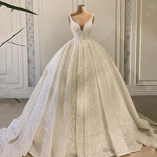 Luxury Crystals Beads Pearls Lace Ball Gown Wedding Dress Sexy Deep V Neck Lace up Back Wedding Bridal Gowns Vestido de Noiva