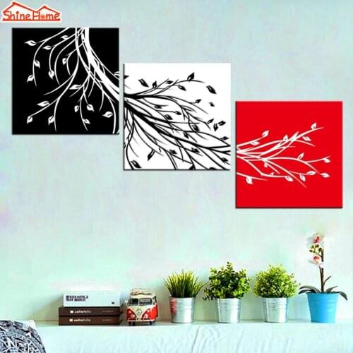 ShineHome-3pcs Wall Art Canvas Prints Abstract Paintings Triptych Black White Red Branches Decorative Pictures for Living Room