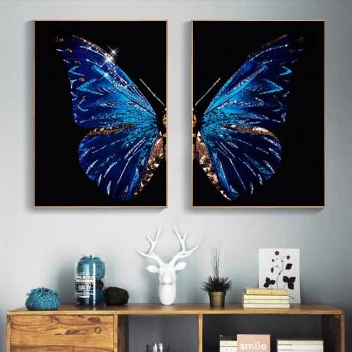 Modern Blue Golden Butterfly Wings Canvas Art Paintings For Living Room Bedroom Gallery Posters And Prints Wall Home Decor