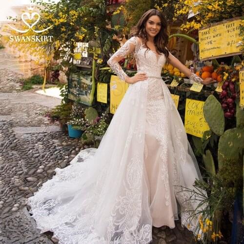 Long Sleeve Mermaid Wedding Dress 2021 Sweetheart Appliques 2 In 1 Detachable Train Bride Gown SwanSarah LZ18 Vestido De Noiva