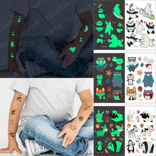Luminous Glitter Tattoo Stickers Panda Polar Bear Glow in the Dark Temporary Waterproof Animal Tatto Cute Kid Cartoon Fake Tato