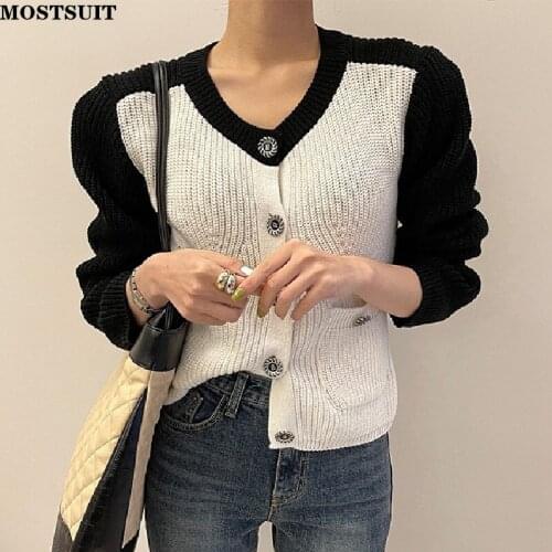 Vintage Elegant Patchwork Cardigan Sweater Women Full Sleeve O-neck Single Breasted Tops Chic Korean Female Knitted Jumpers