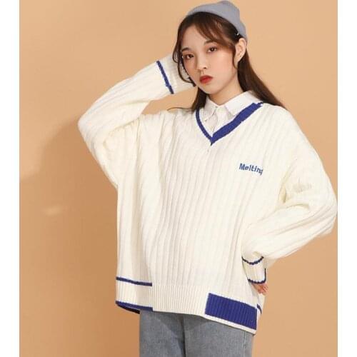 Hot 2021 Japanese Autumn And Winter Preppy Style V Neck Knitted Long Sleeve Vest Sweaters Casual Loose Womens Pullovers Womens