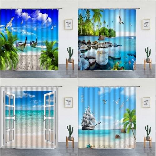 Ocean Landscape Shower Curtain Set Sunlight Beach Sea Green Plants Palm Tree Bathroom Decor Washable Bathtub Screen With Hooks