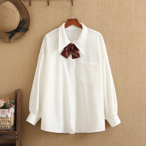 Women plus sizes Japanese white shirt with a separate bow Large-size womens long sleeve shirts up to 220 poundss girls spring