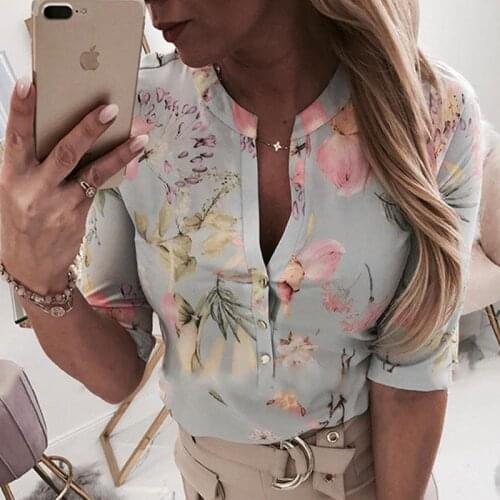 2019 Summer Autumn Women Elegant Casual Blouse Floral Print Button Design Long Sleeve Shirt Basic Top V Neck Chiffon Plus Size