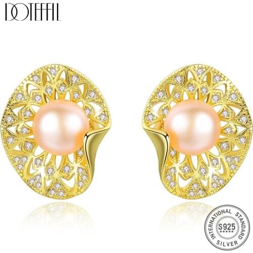 DOTEFFIL New Earrings Genuine Natural Freshwater Pearl 100% 925 Silver Zircon Gilt Hollow Stud Earrings Pearl Jewelry Women Gift