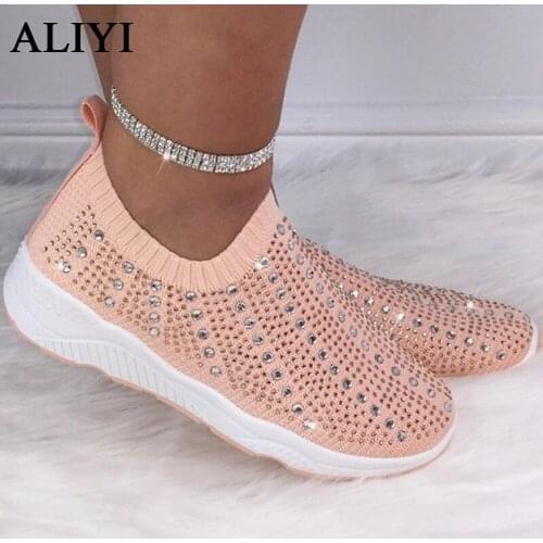 Womens Flat Shoes 2021 Summer Autumn Rhinestone Sneakers Stretch Fabric Socks Shoes Ladies Comfortable Slip On Loafers