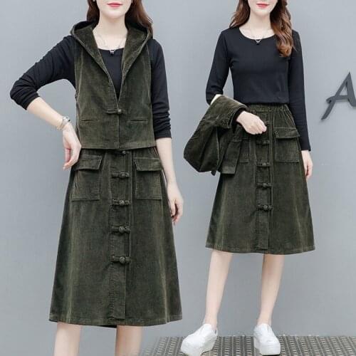 2021 casual denim corduroy sets fashion new spring summer hooded vest disc buckle skirt thick three-piece suit female 3xl s123
