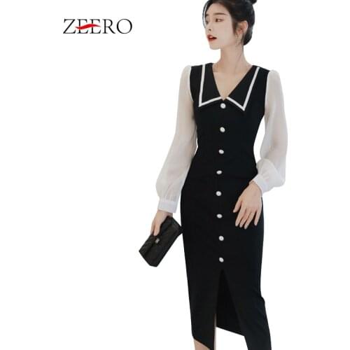 Women Long Sleeve Sexy Side Split Bodyson Dresses 2019 Autumn Office Lady Elegant Black Mid-calf Workwear Shegth Shirt Dress