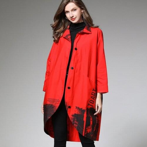 Autumn new plus size womens batwing sleeve wind coat print stand neck long coats Large size ladies' fashion loose Elegant coat