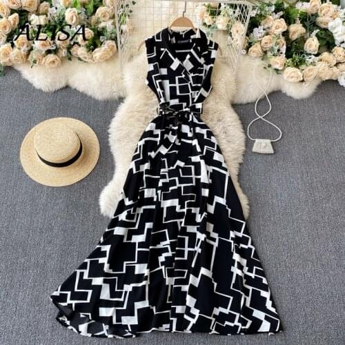 Woman Office Dress 2021 New Summer Sleeveless Notched Vintage Geometric Print Dresses Women Black Elegant Work Midi Robe Vestido