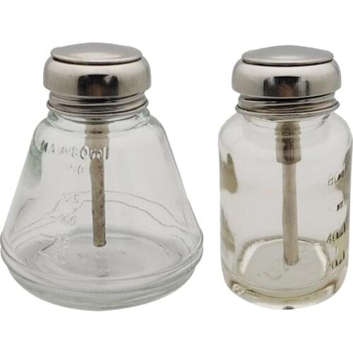 2Pcs 80ml & 180ml Glass Push Down Empty Press Bottle Alcohol Acetone Pump Dispenser Vials for Nail Polish and Makeup Remover