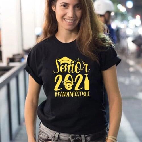 Senior 2021 T-shirt Gift for A Graduate Golden Print Tshirt Women Cotton TShirt Short Sleeve Loose Femme Clothes Casual Tees