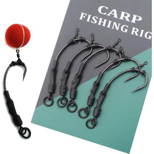4PCS Carp Fishing Hook Carp Ronnie Rig PTFE Coated Barbed Hooks with Micro Ring Swivels and Bait Screws Ready Tied Ronnie Rigs