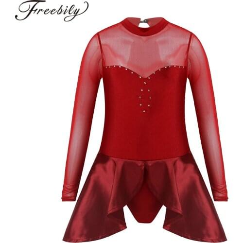Ballet Dress Girls Figure Skating Dress Kids Dancewear Long Sleeve See Through Mesh Patchwork Dance Gymnastics Leotard Jumpsuit