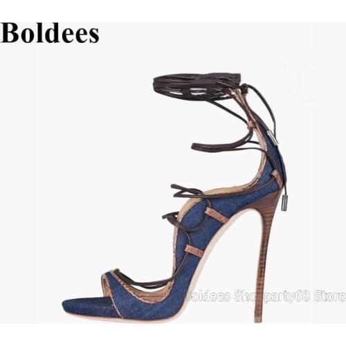 Designer Blue Denim Jeans High Heel Sandals Woman Shallow Mouth Narrow Band Lace Up Cut-out Summer European Party Dress Shoe
