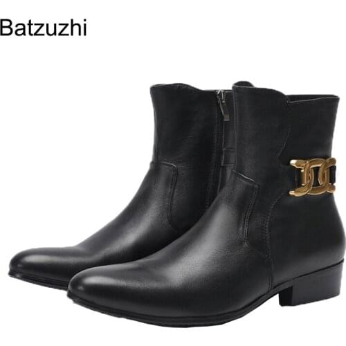 Batzuzhi Western Cowboy Mens Boots Shoes Pointed Toe Black Genuine Leather Short Boots Men Zip Motorcycle Ankle Boots for Men