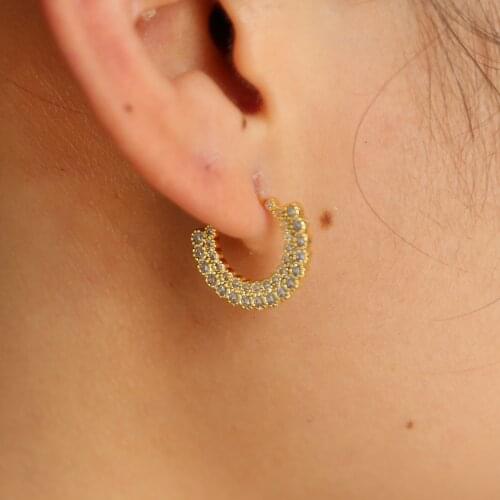 Double raw cz half circle geometric side way stone unique design cheap lead nickel free fashion latest gold color girl earring