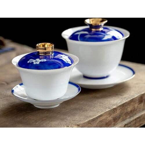 Ceramic Pure Hand-Painted Gai Wan Cha Cup of Large Sancai Tureen Eggshell Porcelain Kung Fu Tea Bowl Gaiwan Sopera De Ceramica