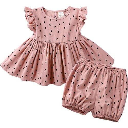 Summer Girl Sets Cotton Linen Casual Printing Ruffle Sleeves Dress+Shorts Two-Piece Suit Baby Kids Girl Clothing