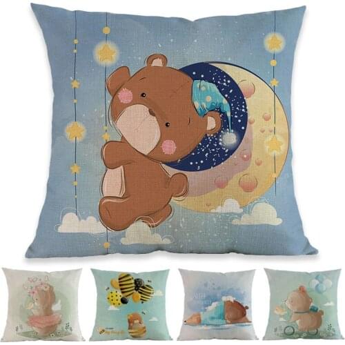 Cartoon Cute Little Bear Linen Pillow Case Home Sofa Children Kids Nursery Room sleeping Decorative Cushion Cover 45x45cm