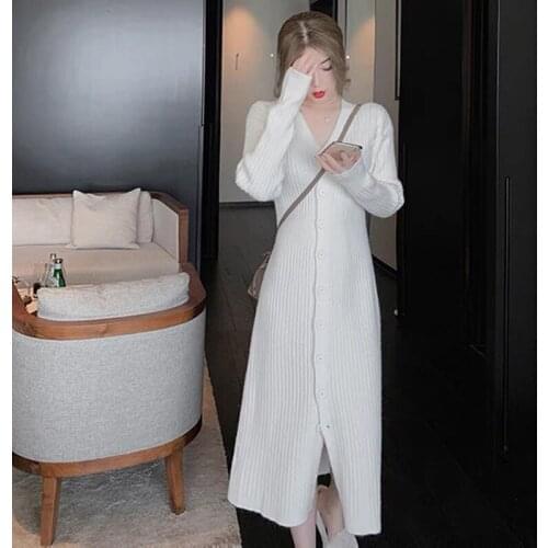 Fashion Women Long Sweater Dress Womens Knitted Long Dress Loose V-neck Single-breasted Dresses Womens