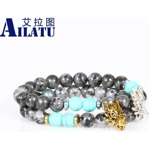 Ailatu New Design High Quality Mens Jewelry 8mm Black Flash Stone Beads Wolf Beaded Courage Bracelet