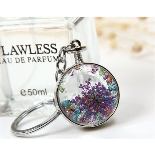 Fancy&Fantasy Fashion New Keychain Crystal Ball Crystal Flower Dry Flower Pendant Rhinestones Pendant Ring Lovely DIY Jewelry